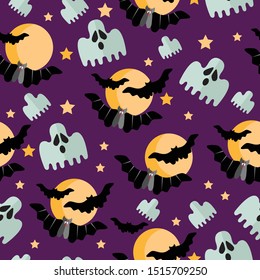 Halloween seamless pattern with flat icons on a purple background. Vector illustration 