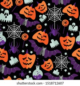 Halloween seamless pattern with flat icons on a black background. Vector illustration.