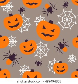 Halloween seamless pattern with flat icons. Vector Illustration. Colorful icons on gray Backdrop. Cute pumpkins and spider web. Halloween Concept.