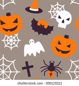 Halloween seamless pattern with flat icons. Vector Illustration. Colorful icons on gray Backdrop. Pumpkins, bat, skull, spiders and web on light background. Halloween Concept.