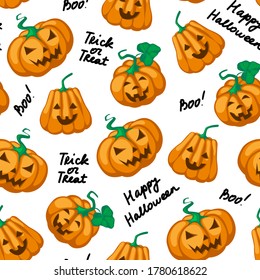 Halloween seamless pattern. Flat orange pumpkins with carved scary smiling faces and black lettering. Happy Halloween Boo Trick or Treat. Stock vector illustration isolated on white.