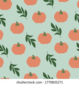 Halloween seamless pattern of flat pumpkin and leaves. Pumpkin shape for Thanksgiving. For t-shirt print, icon, fabric, label, banner.