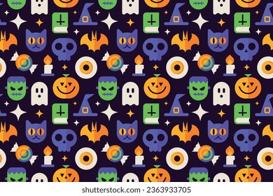 Patrón sin fisuras de Halloween con ilustraciones vectoriales planas de fantasma, cráneo, gato negro, sombrero de bruja, calabaza, murciélago y diversos elementos para embalar, embalar, papel pintado, textil, imprimir o banner