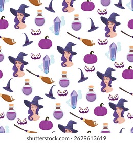 Halloween seamless pattern. Flat vector, clipart, illustration with isolated background.
