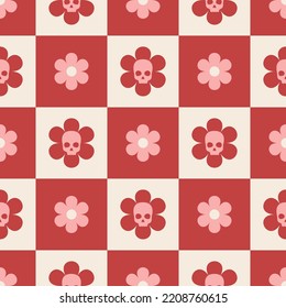 Halloween seamless pattern of flower and skull flower. Geometric groovy retro pattern