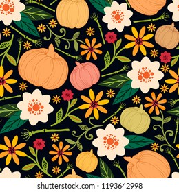 Halloween seamless pattern with flowers,pumpkins and bones.Holiday vector background.Party textile texture