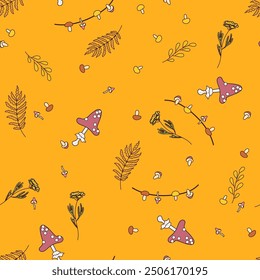  Halloween seamless pattern with fly agarics, mushrooms and plants - just right for preparing potions. All autumn orange background. Vector illustration