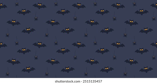 Halloween seamless pattern. Flying bat and spider on dark blue background. Vector design for Halloween invitation, wrapping, print or web