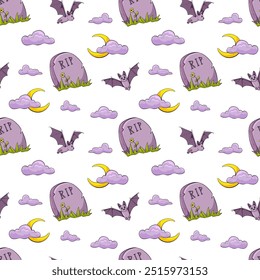 Halloween seamless pattern. Flying bat, spooky night, crescent with clouds, grave, vampire theme cartoon illustration on white background. Comic vector print for packaging, textile, wrapping