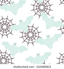 Halloween Seamless Pattern of Flying Bats, Spiderweb icon. Cute Nursery room wallpaper, frame, card. Pastel colors scared Cartoon character isolated on white. Printable flat style Vector Illustration