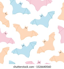 Halloween Seamless Pattern of Flying Bats icons. Cute Nursery room wallpaper, frame, card. Pastel and ginger colors scared Cartoon character isolated on white. Printable flat style Vector Illustration