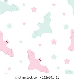 Halloween Seamless Pattern of Flying Bats and Stars icon. Cute Nursery room wallpaper, frame, card. Pastel colors scared Cartoon character isolated on white. Printable flat style Vector Illustration
