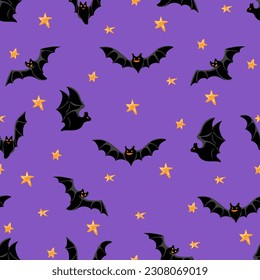 Halloween seamless pattern with flying bats and stars. Elegant Spooky Holiday Texture Perfect for Gift Wrapping, Home Decor and Textiles. Vector illustration