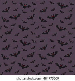 Halloween seamless pattern flying bats on purple sky background, mystery horror holiday vector flat illustration, All Saints Day symbols