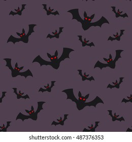 Halloween seamless pattern flying bats on purple sky background, mystery horror holiday vector flat illustration, All Saints Day symbols