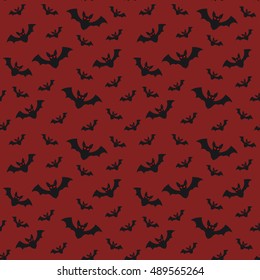 Halloween seamless pattern flying bats on red sky background, mystery horror holiday vector flat illustration, All Saints Day symbols