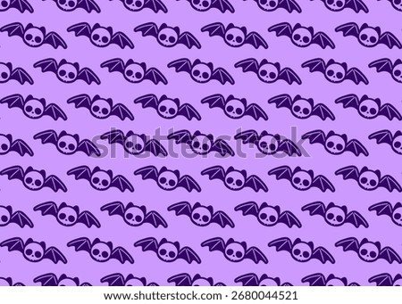 Halloween seamless pattern with flying bats and skull faces on purple background.