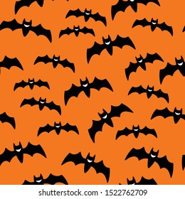 Halloween Seamless Pattern with Flying Black Bat vampire Silhouettes on Orange Background. Vector Illustration