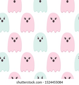 Halloween Seamless Pattern of Flying Ghosts. Cute Nursery room wallpaper, kids background, card. Pastel colors scared Cartoon character isolated on white. Printable flat style Vector Illustration