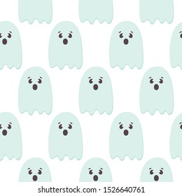 Halloween Seamless Pattern of Flying Ghosts. Cute Nursery room wallpaper, kids background, card. Pastel colors scared Cartoon character isolated on white. Printable flat style Vector Illustration