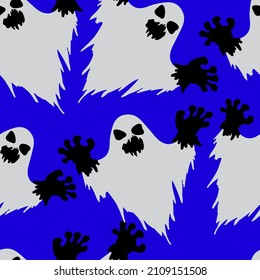 Halloween Seamless pattern flying ghosts on a blue background. Minimalism. Pattern for printing on fabric, wallpaper, paper, for the site. Vector