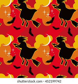 Halloween seamless pattern with flying witch. Vector clip art.