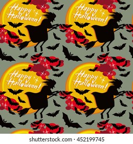 Halloween seamless pattern with flying witch. Vector clip art.