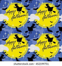 Halloween seamless pattern with flying witch. Vector clip art.
