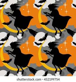Halloween seamless pattern with flying witch. Vector clip art.