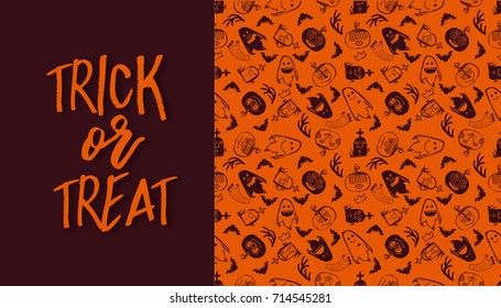 Halloween seamless pattern with frame and Trick or treat calligraphy text. Vector background. Ornament for greeting card or takeaway cup. Orange colors