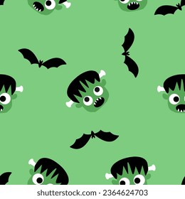 Halloween seamless pattern with Frankenstein cartoon and bat on green background vector illustration.