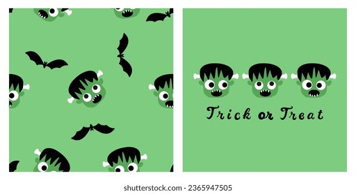 Halloween seamless pattern with Frankenstein cartoon and bat on green background vector illustration. 