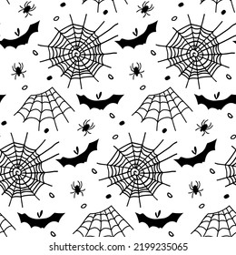 Halloween seamless pattern. Frightening symbol. Spiders, cobweb, bat. Black-and-white vector illustration. Backdrop for textile drawing, pattern, wrapping, wallpaper, scrap.