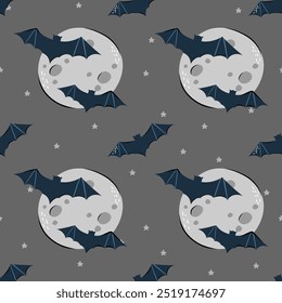 Halloween seamless pattern with full moon and bats. Vector background for design textile or backdrop. Halloween holiday concept