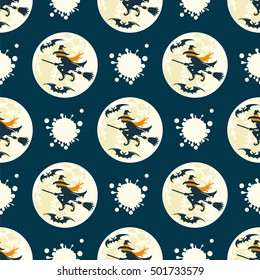 Halloween seamless pattern with full moon witch and bats. Vector illustration