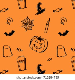 Halloween seamless pattern with fun hand-drawn themed elements and a background color.
