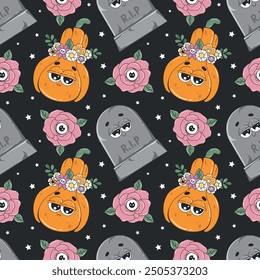 Halloween seamless pattern with funky cartoon characters. Retro groovy style background with pumpkin, gravestone, flowers. Trendy vector illustration.