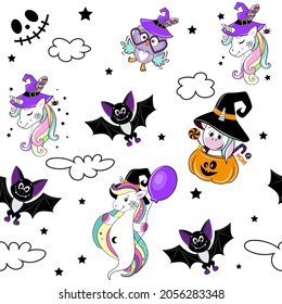 Halloween seamless pattern with funny bat and unicorn. Vector cartoon illustration. Drawing for children's clothing, t-shirts, gifts, packaging