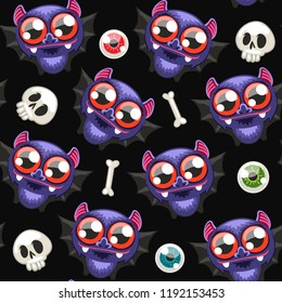 Halloween seamless pattern with funny cartoon cute bats and skulls on dark background. Clipping paths included.