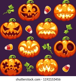 Halloween seamless pattern with funny cartoon cute pumpkins on dark background. Clipping paths included.