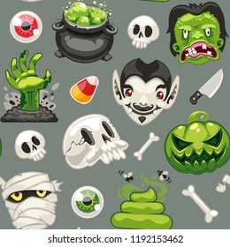 Halloween seamless pattern with funny cartoon monsters on gray background. Clipping paths included.