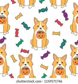 Halloween seamless pattern. Funny Corgi dog with candies. Cartoon style. Vector illustration.