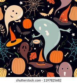 Halloween seamless pattern with funny elements, vector design