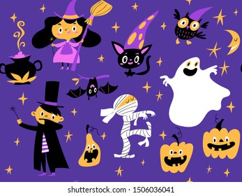 Halloween seamless pattern with funny elements in purple color. Vector creative seamless pattern for background, textiles, wallpaper and wrapping paper design. 