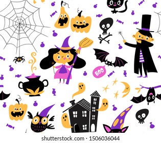 Halloween seamless pattern with funny elements on white background. Vector creative seamless pattern for background, textiles, wallpaper and wrapping paper design. 