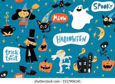 Halloween seamless pattern with funny elements. Vector creative seamless pattern for background, textiles, wallpaper and wrapping paper design. 