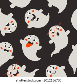 Halloween seamless pattern with funny gray ghosts on a black background. Festive vector texture for wallpaper, packaging, banners, printing products.
