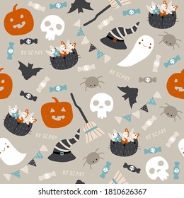 Halloween seamless pattern with funny holidays elements. Vector hand drawn illustration.