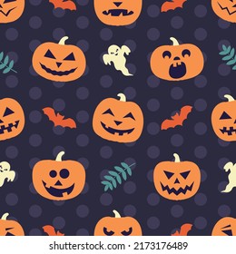 Halloween seamless pattern with funny orange pumpkins, ghost and leaves on polka dots background. Print for wrapping paper, fabric, web design. Vector flat design illustration