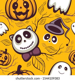 Halloween seamless pattern. Funny print with funny cartoon characters on bright orange background. Template for fabric and wrapping with scary pumpkin, ghost, witch hat, comic cat, leaves and branches